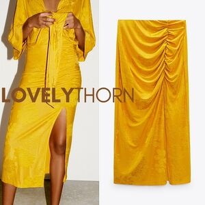 ZARA // yellow ruched jacquard high waist side slit midi skirt